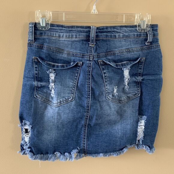 Wax Jean Los Angeles Women’s Blue Denim Distressed Mini Skirt Stretch Sz Medium - Picture 2 of 6